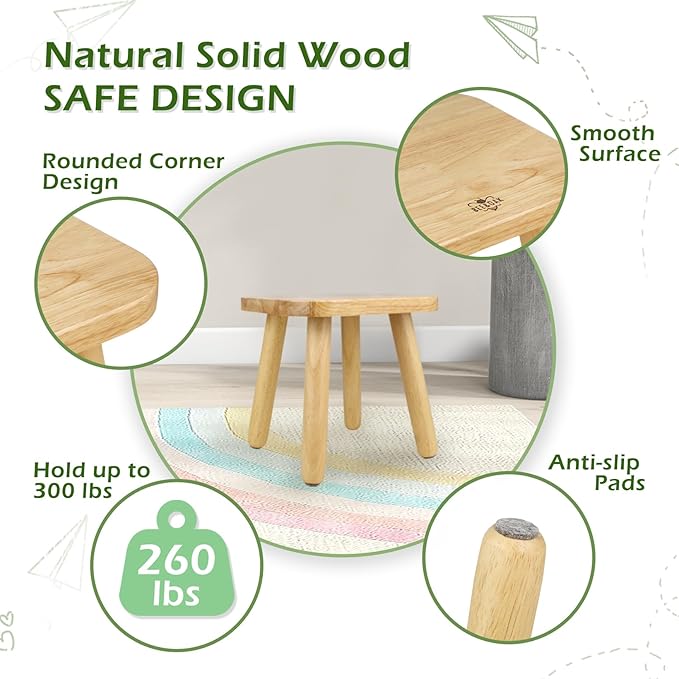 BEE&OAK Wooden Step Stools for Adults, Solid Rubber Wood Non-Slip Step Foot Stool, Heavy Duty 300 lbs One Step Stool for Bedroom, Bathroom, Kitchen (Natural, 9.25" (D) x 9.25"(W) x 8.86"(H))