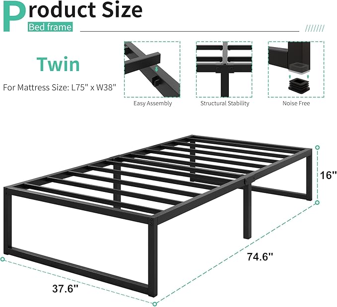16 Inch Twin Size Bed Frames Heavy Duty Metal Twin Platform Bed Frame No Box Spring Needed, Noise Free, Easy Assembly, Black