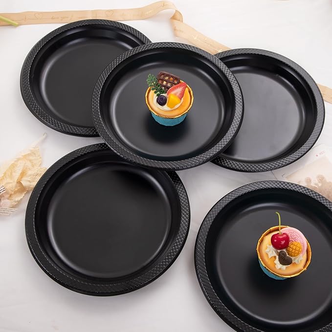 WELLIFE Black Plastic Plates 9 Inch -150 Count for Party, Plastic Disposable Dinner Plates for Halloween Picnic BBQ