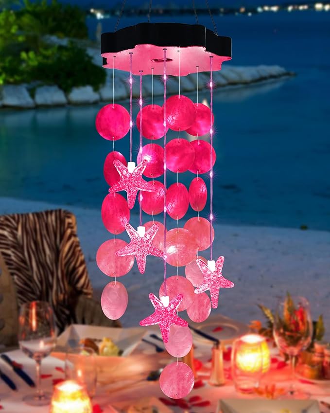 Toodour Solar Wind Chimes for Outside, Shells Light Gifts for Mom Grandma Women Wife Girls, Waterproof Solar Outdoor Decorative Mobile Light for Holiday Garden Porch Yard Outdoor Decor (Pink)