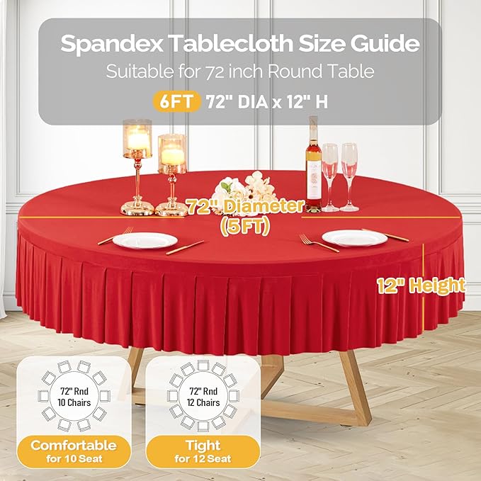 4 Pack Red Spandex Round Tablecloths for 72in Table, Stretchy Fitted 6FT Round Table Cloths, Wrinkle Free Table Cover with Skirt for Wedding Birthday Party Bridal Shower Banquet