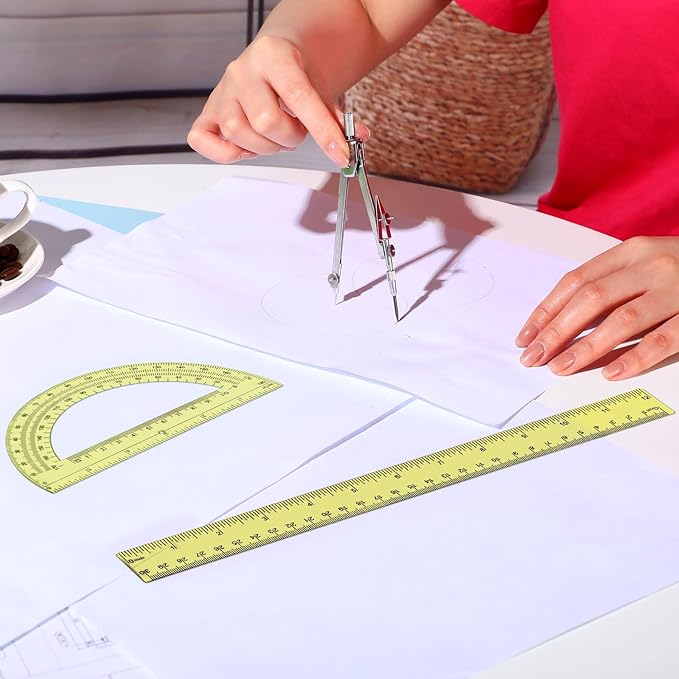 Zonon 3 Pcs Plastic Ruler 6 Inch Protractor Drawing Compass Set, Student Geometry Math Transparent Measuring Tools for Home School Classroom Office Supplies(12 Inch,Yellow)