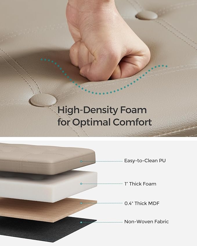 SONGMICS Mazie Collection - 30 Inches Folding Storage Ottoman Bench, Ottoman with Storage, Foot Rest Stool, Load 660 lb, for Living Room, Synthetic Leather, Camel Brown ULSF040R01