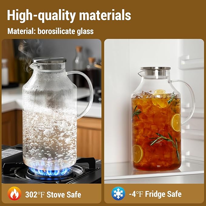 2 Pack 1 Gallon thickened Glass Pitcher with Lid and Spout, Borosilicate Glass Carafe for Hot/Cold Drink, Water Pitchers for Fridge, Extra Large Jug with Handle for Iced Tea, Coffee,Juice, Beverage