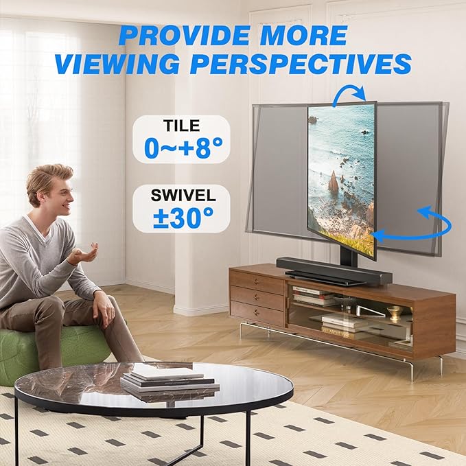 Rfiver Universal Swivel TV Stand Table Top TV Stand for 32-65,70,75 Inch LCD LED TV up to 110 lbs -Height Adjustable Center Pedestal Stand Replacement with Heavy Duty Tempered Glass Base
