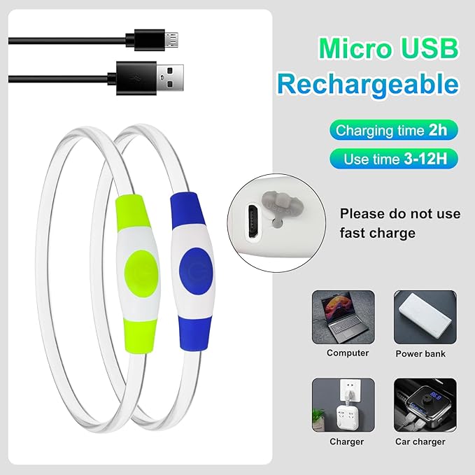 2 Packs Light Up Dog Collar, LED Dog Collar, USB Rechargeable Dog Lights for Night Walking, Adjustable Glow in The Dark Collars for Small Medium Large Dogs, Waterproof Safety Pets Lights Green&Blue