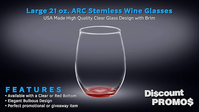 DISCOUNT PROMOS 10 ARC Stemless Wine Glasses Set, 21 oz. - Chardonnay, Cabernet, Merlot, Sauvignon - Red