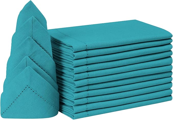 Bedding Craft Cotton Cloth Dinner Napkins Set of 12 – 18x18 Teal Hemstitched with Decorative Selvedge Holes & Mitered Corners – Reusable Machine Washable Fabric Napkins for Weddings & Dining