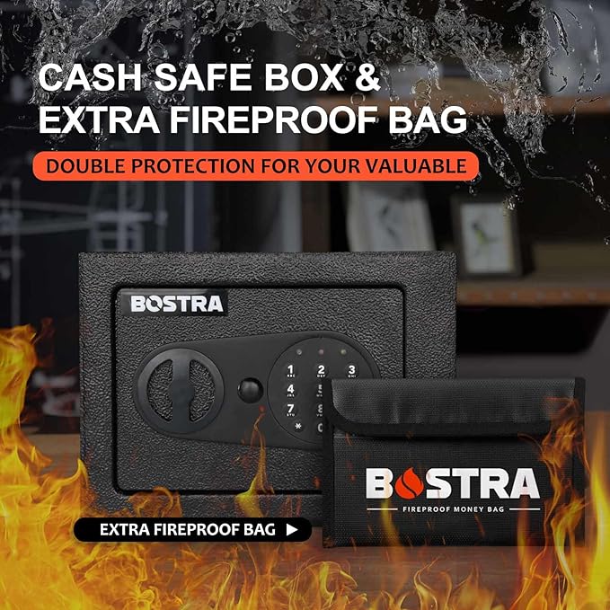 Bostra Fireproof Safe Box with Sensor Light & Fireproof Bag, Money Safe Box with Digital Keypad,Security Safe Box for Home, 0.23 Cubic Small Safe with Keys & Pass Code for Cash Jewelry Black