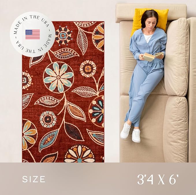 Maples Rugs Reggie Floral Area Rug - Made in USA - Washable, Non Slip, Pet-Friendly Mats for Living Room, Bedroom, and Office, 3'4" x 6', Merlot