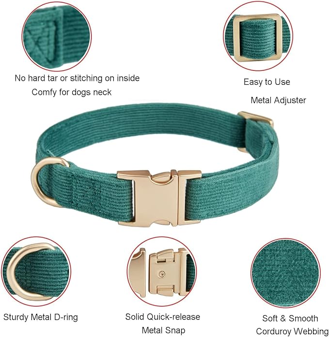 Soft Corduroy Fibric Dog Collar with High Grade Metal Buckle, for Medium Dogs.(Green,Medium:12-19")