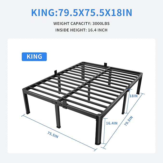 MAF 18 Inch King Size Bed Frame with Round Corner Legs Mattress Slide Stopper No Box Spring Needed Heavy Duty Metal Platform Bed Frames, 3000 LBS Steel Slats Support