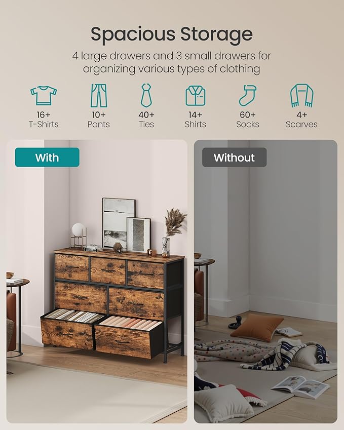 SONGMICS Dresser for Bedroom, Chest of Drawers, TV Stand, Steel, MDF, 7 Non-Woven Fabric Drawers, Storage Organizer Unit, Closet, Entryway, Rustic Brown and Ink Black ULGS323B02S
