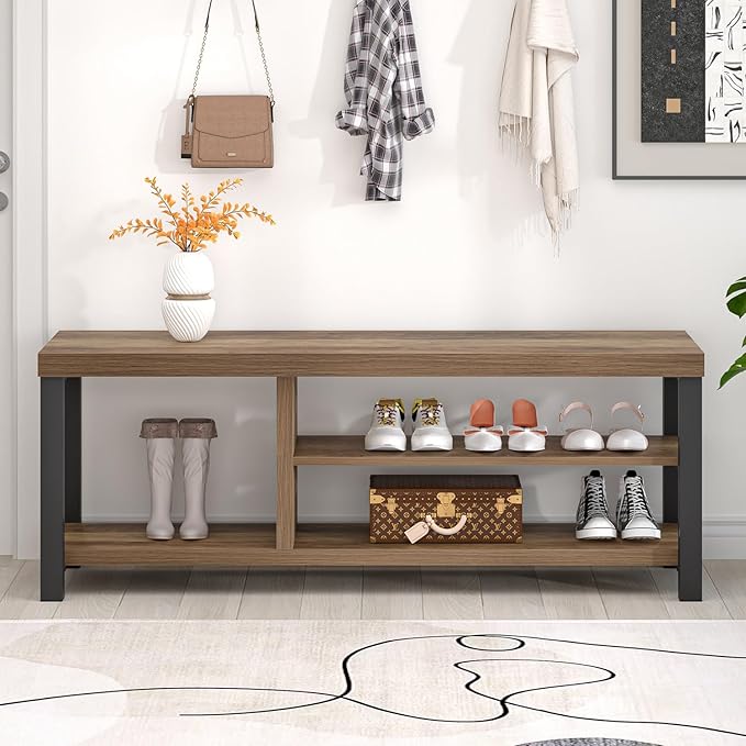 FOLUBAN Shoe Storage Bench, Industrial Entryway Bench, Modern Indoor Wood and Metal Shoe Rack Bench Seat for Bedroom, Hallway, Living Room, Rustic Oak, 47 Inch