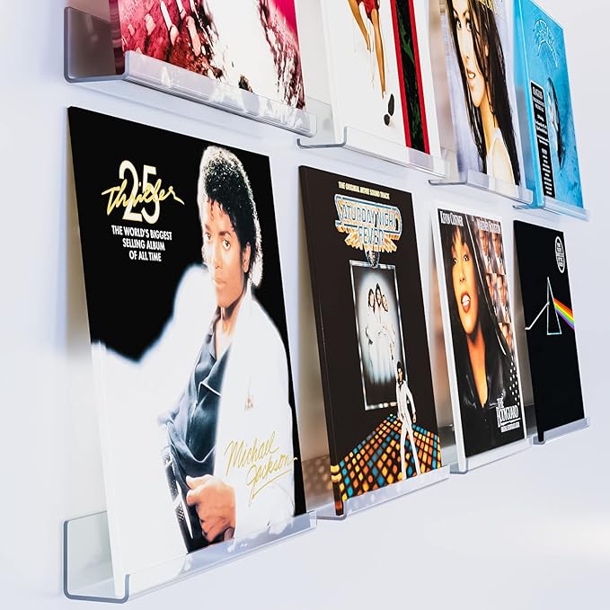 ILYXY Clear Acrylic Vinyl Record Holder – 8 Pack 12-Inch Wall Mount Shelves, Album Display Frames for LP Records, Decorative Rack for Collectors & Vinyl Lovers