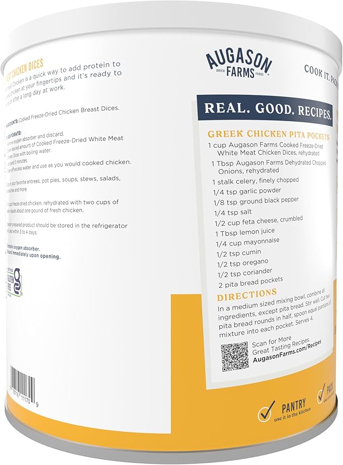 Augason Farms Cooked Freeze Dried White Meat Chicken Dices Can, Emergency Food Supply, Everyday Meals, 15 Servings