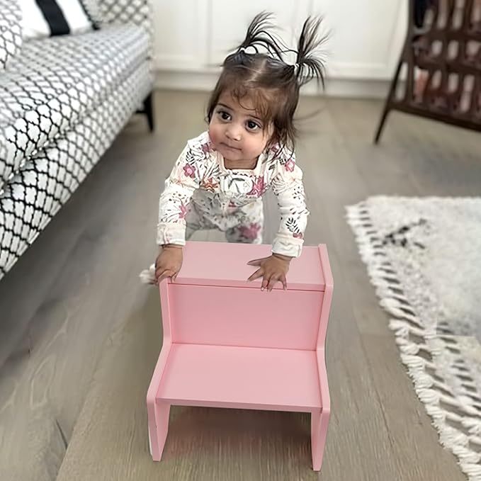 WOOD CITY Wooden Toddler Step Stool for Kids, Pink Two Step Children's Stool with Handles, Bonus Non-Slip Pads for Safety, Bathroom Potty Stool & Kitchen Step Stools Dual Height