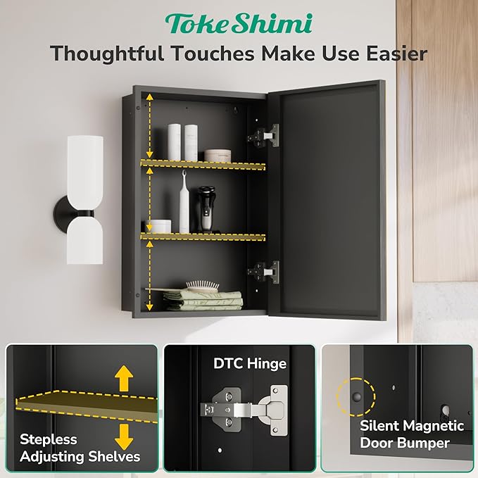 TokeShimi 20 x 26 Bathroom Medicine Cabinet with Mirror Beveled, Aluminum Framed Recessed Medicine Cabinet with Mirror Oil Rubbed Bronze Mirrored with Storage Adjustable