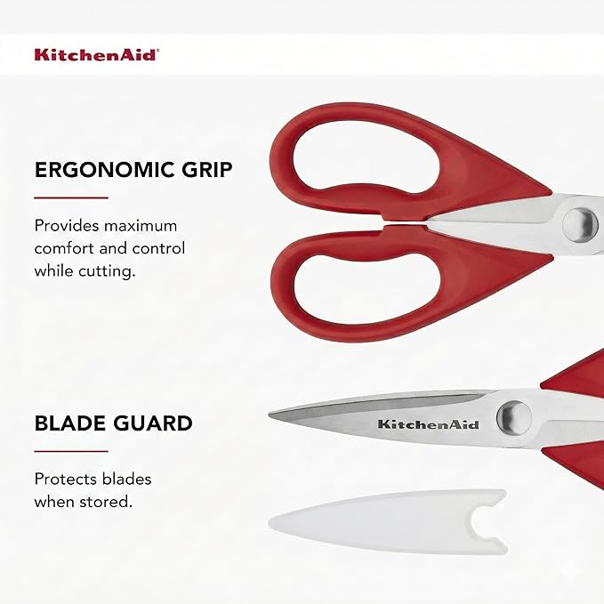 KitchenAid All Purpose Kitchen Shears with Protective Sheath Durable Stainless Steel Scissors, Dishwasher Safe, Soft Grip Comfort Handle, 8.72 Inch, Red