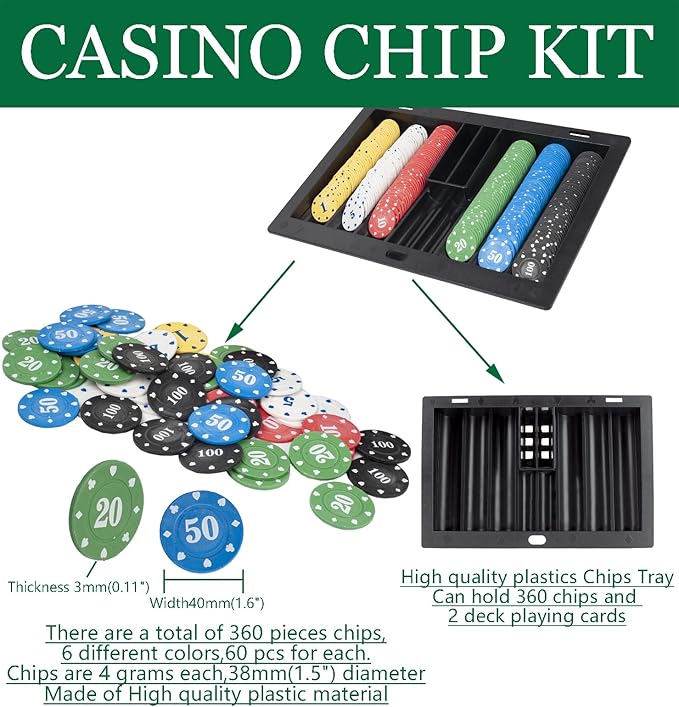 Super Casino Game Set: 6 Deck Shuffler+360pcs Chips+8 Poker Cards+Card Shoe+Chip Rake+Felt+Accessories, Blackjack Set & Texas Holdem Complete Kit, Poker Night Kit for Casino Party Gift