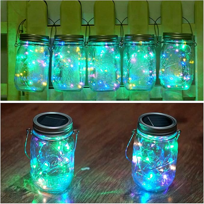 SmilingTown Solar Mason Jar String Light Lids 12 Pack 30 LED Fairy Firefly Inserts Lighting with 12 Hangers Waterproof for Outdoor Tree Patio Lawn Garden Decor, No Jars (Multi-Colored)