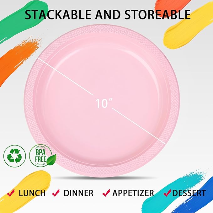 WELLIFE Pink Plastic Plates 10 Inch -150 Count for Party, Disposable Plastic Party Plates for Valentine's Day Easter Mother's Day Baby Shower Dinner Dessert Cake Light Pink