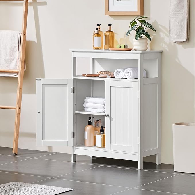 Yaheetech Bathroom Floor Storage Cabinet, Wooden Free Standing Storage Organizer with 2 Doors & Adjustable Shelves, for Living Room Hallway, White