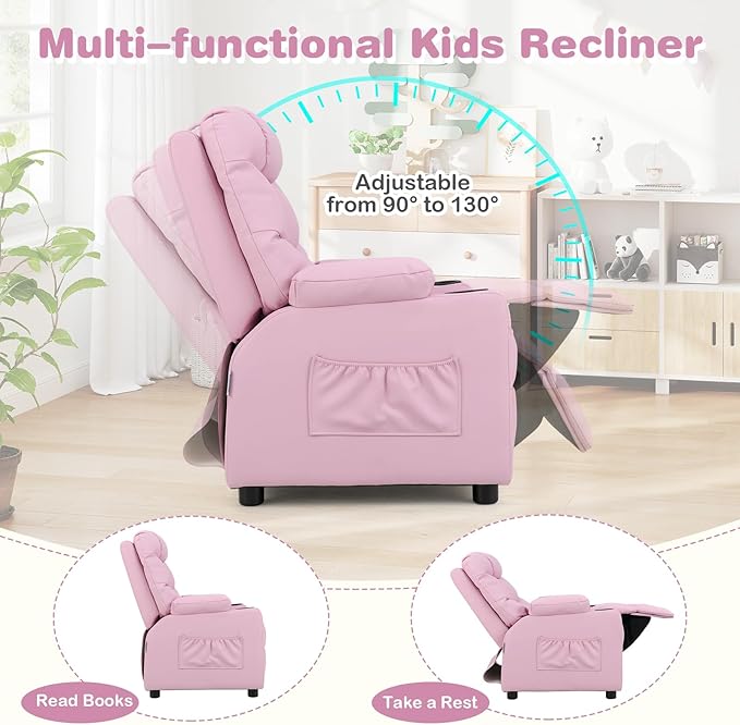 Costzon Kids Recliner Chair with Cup Holder, Adjustable Lounge Chair w/Footrest & Side Pockets for Children Boys Girls Room, Ergonomic Toddler Furniture Sofa, Kids Pink Recliner (Pink)