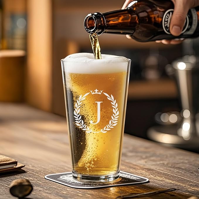Personalized Beer Glasses Gifts for Men, 16 oz Pint Glasses Monogrammed A-Z Drinking Glass Cups Customized Gift, Unique Christmas Anniversary Birthday Gifts for Men Him Dad Brother Husband Grandpa (J)