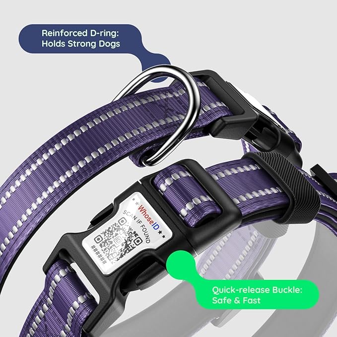 Airtag Dog Collar, Reflective Ultra-Durable Nylon Padded with QR Buckle & IP68 Waterproof Air Tag Holder Compatible for Apple AirTag, Comfortable for Small Medium Large Dogs (Purple, XS)