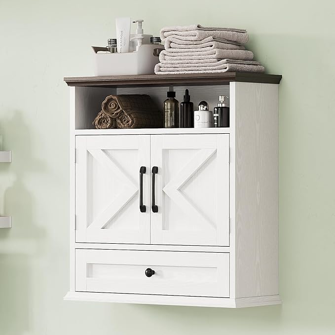Bathroom Wall Cabinet, Wall Mounted Medicine Cabinet with Drawer, Barn Doors & Adjustable Shelf, 24.4"H x 23.6"W x 9"D White Over Toilet Farmhouse Storage Cabinet for Kitchen, Laundry Room, Entryway