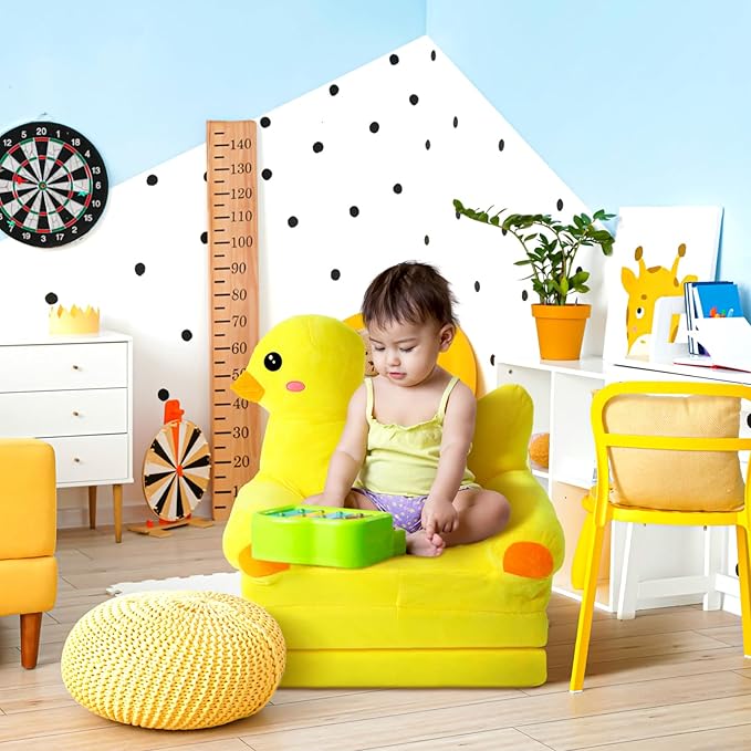 Duck Kids Couch Fold Out 2-in-1 Toddler Sofa Fold Out with Blanket, Soft Toddler Chair Comfy for Boys Girls Baby, Convertible Sofa to Lounger for Napping Reading Playing Christmas, Yellow