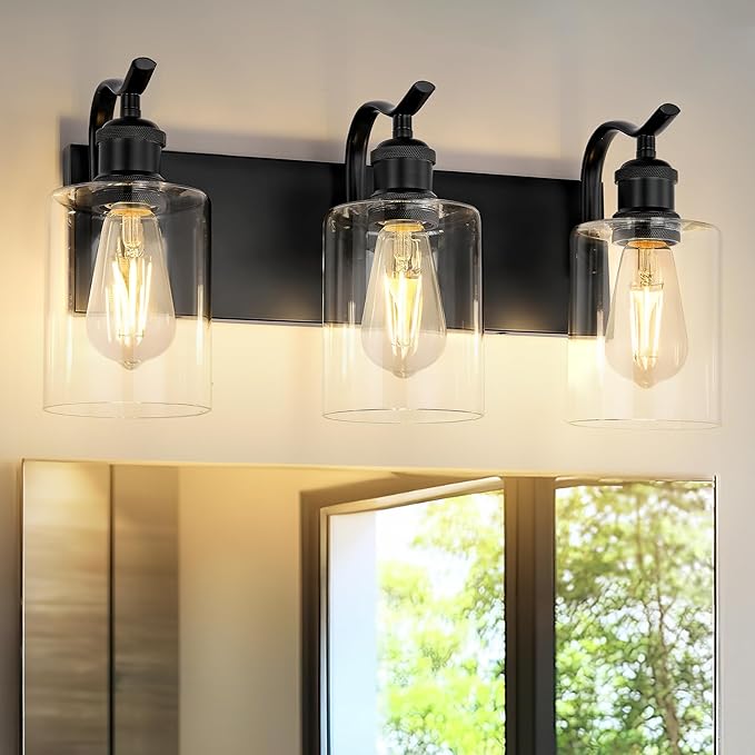 3-Light Black Bathroom Light Fixture Over Mirror, Modern Vanity Light, Clear Glass Wall Sconce, VL01BK-3