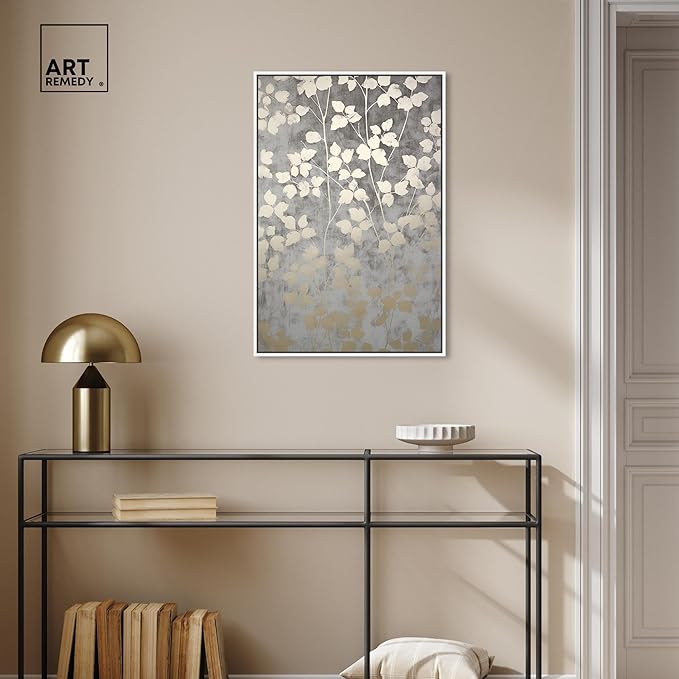 Art Remedy Silvery Gray Garden Canvas Elegant Floral Wall Art, White Frame, 20" x 30"