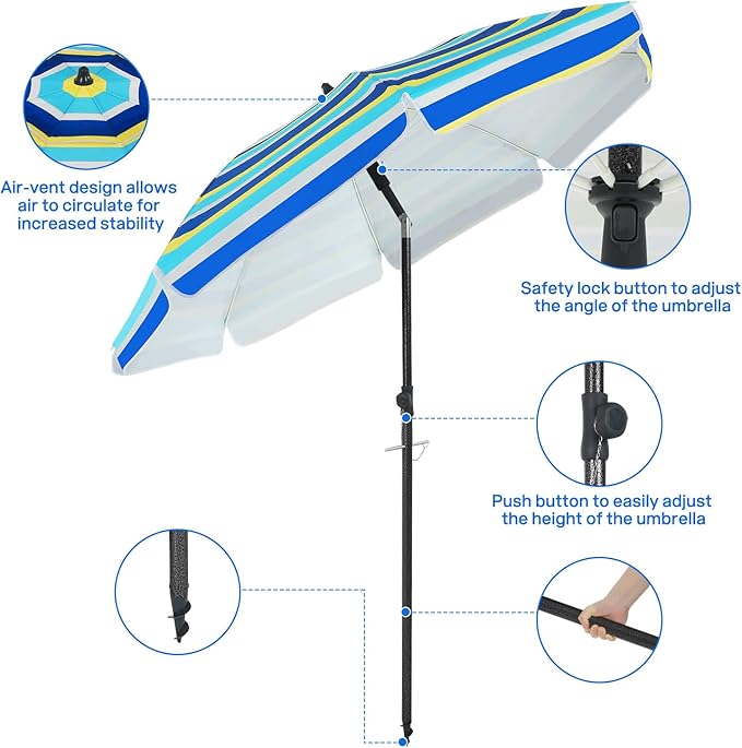 Duerer Beach Umbrellas, 7.5FT Beach Umbrella for Sand with Anchor Heavy Duty Windproof, Height Adjustable Tilt Iron Pole, Portable Beach Umbrella with Carrying Bag for Beach, Patio Garden Outdoor