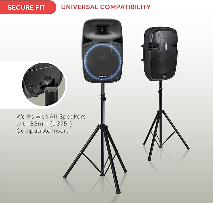 Pyle Universal Speaker Stand Mount Holder Heavy Duty Tripod w/ Adjustable Height from 40” to 71” and 35mm Compatible Insert Easy Mobility Safety Pin and Knob Tension Locking for Stability, Black