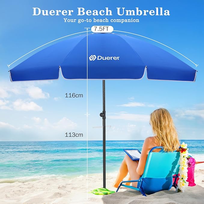 Duerer 7.5FT Beach Umbrella with Sand Anchor – Heavy Duty Windproof UPF 50+ Sun Shade, Portable Travel Beach Umbrella with Tilt & Carry Bag for Beach, Sand, Garden, Patio, Pool (Navy Blue)