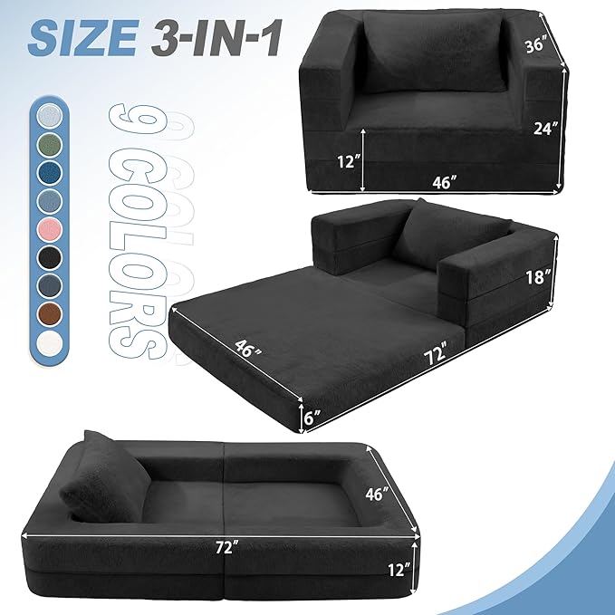 Futon Sofa Bed with Pillow, 3-in-1 Sleeper Sofa Bed with Removable Cover, Convertible Floor Sofa Bed, No Assembly Boneless Couch for Living Room, Bedroom
