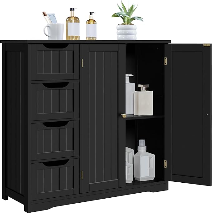 Yaheetech Wooden Bathroom Floor Cabinet, Side Storage Organizer Cabinet with 4 Drawers & Double Doors, Freestanding Entryway Storage Unit Console Table, Bathroom Furniture Home Decor, Black