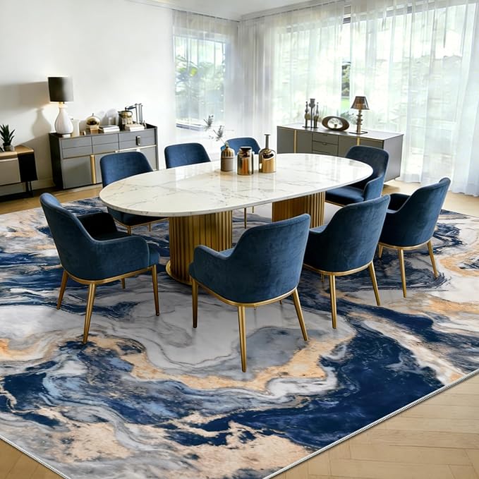Yinhua 8x10 Rug for Living Room, Marble Rug Blue and Gold, Non Slip Modern Washable Rugs Non Shedding, Contemporary Abstract Area Rugs Low Pile, Soft Large Carpet for Bedroom Kitchen Office