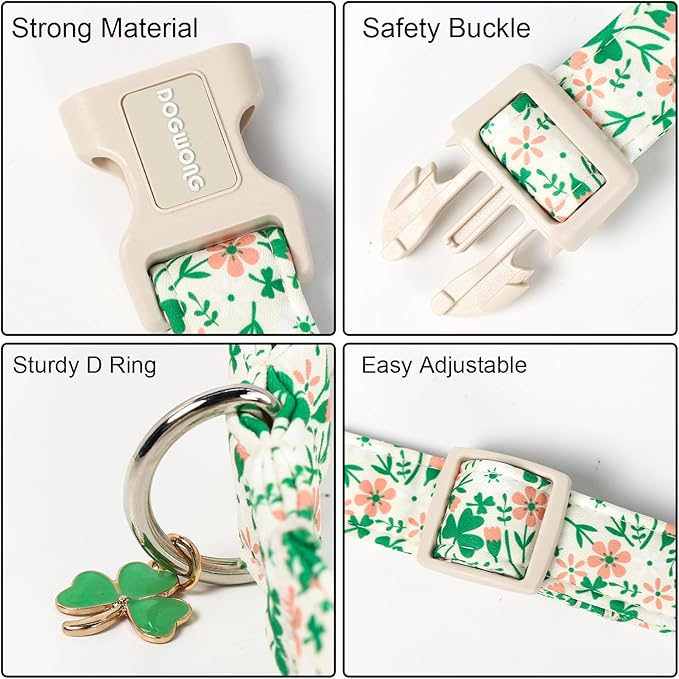 DOGWONG St Patrick's Dog Collar, Green Clover Pet Collar Cotton Flower Shamrock Pet Collar Cute Puppy Collar Adjustable Pet Dog Collars for Medium Dogs,M