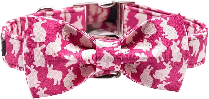 Maca Bates Easter Day Rabbit Dog Collar with Fancy Bow Tie for Small Girl Boy Dogs, Pink Bunny Pattern,Adjustable Durable Soft Breakaway Collars for Male Female Puppy