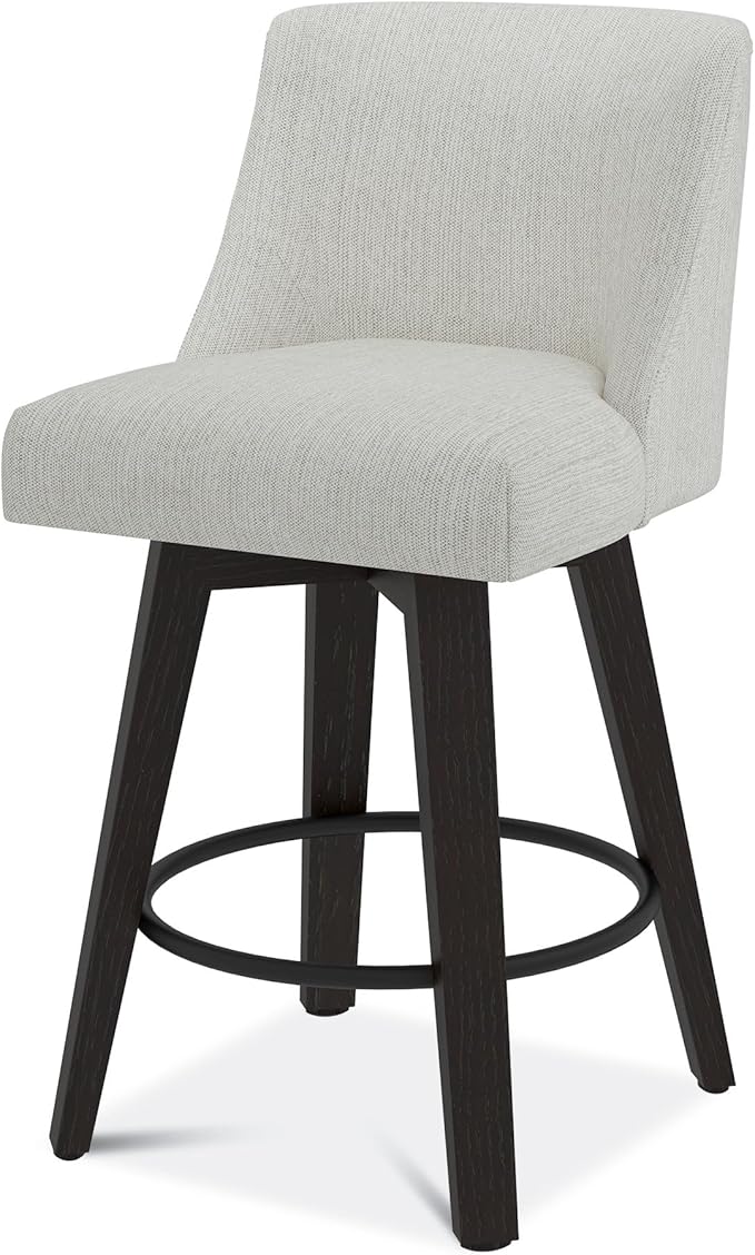 Counter Height Swivel Bar Stools Set of 2, 26" Seat Height Modern Bar Stools with Back and Solid Wood Legs for Kitchen Island, Fabric in Ivory White