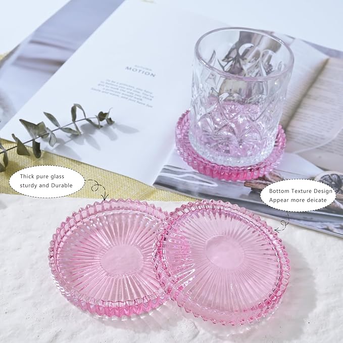 Glass Coaster 6 Pack Round Cup Coasters for Drinks,Crystal Coffee Coaster,Stylish Drink Coasters for Kitchen Bar Dining Room Living Room Office Decor and Jewelry Storage,Pink