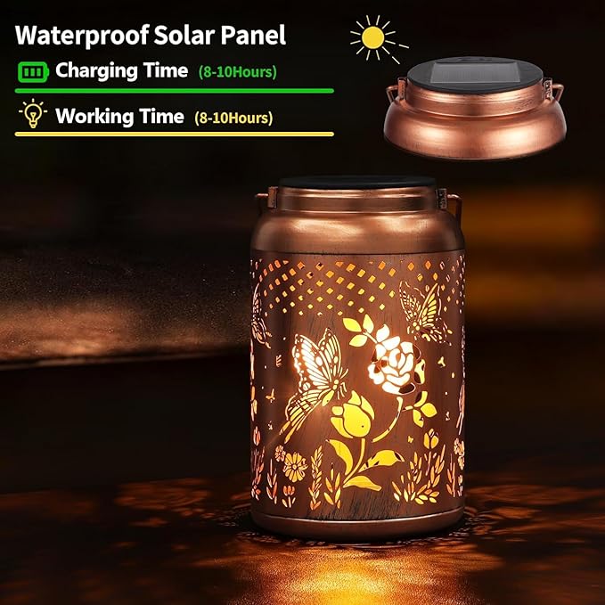 2 Pack Solar Lanterns Outdoor Waterproof, Butterfly Rose Garden Decor Birthday Gifts for Women Mom Grandma Hanging Solar Lights Metal Solar Decoration Outside for Yard, Patio, Lawn