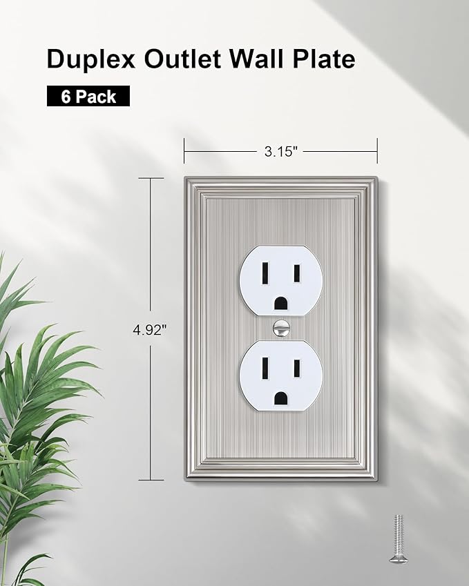 6-Pack Single Duplex Outlet Cover Plate, Decorative Brushed Nickel Switch Plates and Outlet Covers, Metal Wall Plates for Electrical Outlets, 1 Gang Receptacle Cover, Corrosion Resistant