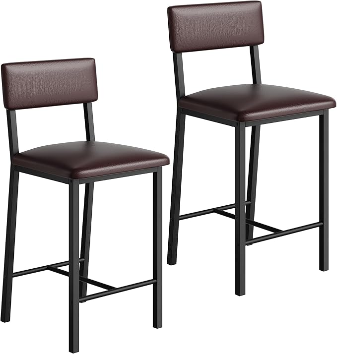 Garvee Bar Stools Set of 2, Kitchen Barstools with Thick Cushion, 25 Inch Counter Height Bar Stools with Backrest and Footrest, for Dining Room, Kitchen Island Counter Chairs, Retro Brown