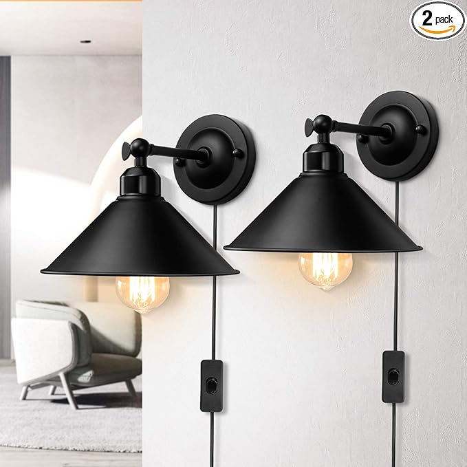 Plug in Wall Sconce, Black, Antique Swing Arm Vintage Industrial Light Fixture, Wall lamp with Plug in Cord On Off Switch E26 Base for Bedroom Bathroom Kitchen 2 Pack
