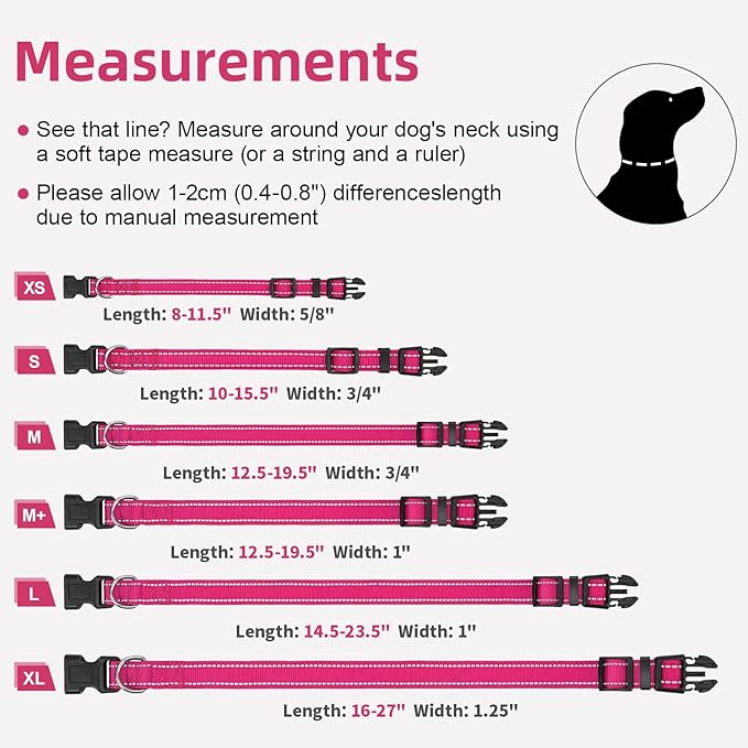 Reflective Dog Collar for Mediunm Dogs, Adjustable Collar with Soft Neoprene Padded, Durable Buckle for Daily Walking,Hotpink,M, 3/4" Width