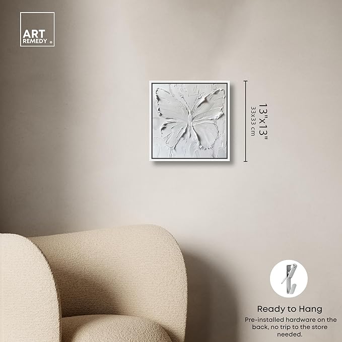 Art Remedy White Butterfly Canvas Elegant White Gold Wall Art, White Frame, 12" x 12"